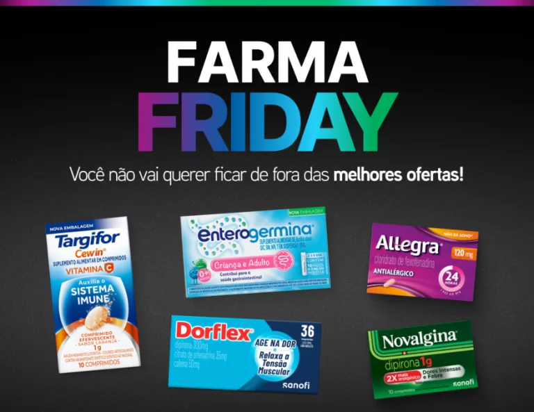 Farma Friday oferece descontos de até 30% em marcas como Dorflex e Allegra